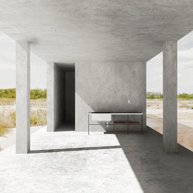 Animated rendering of a bare concrete frame on an open site