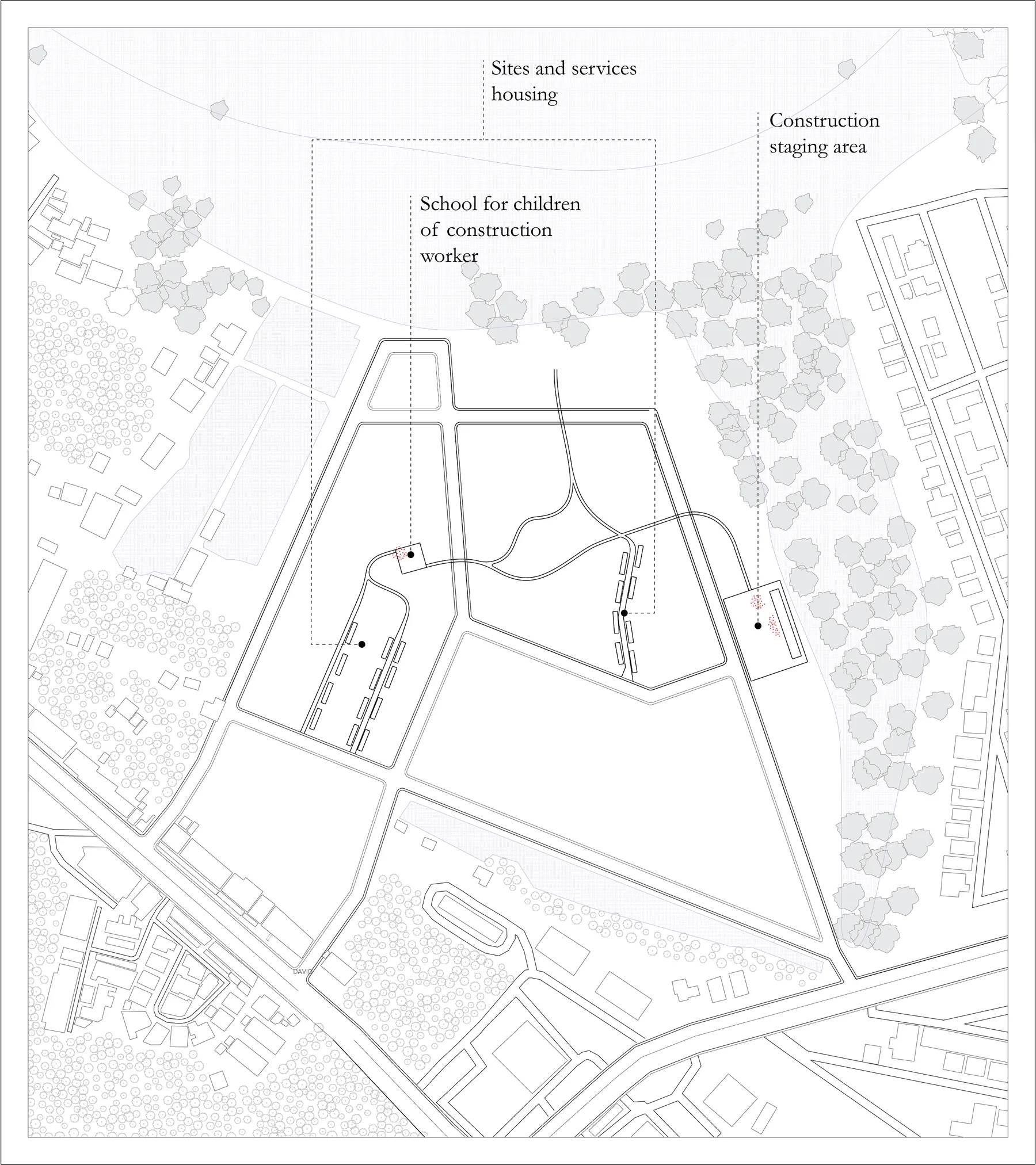 Site plan of the first phase: sites and services housing, a school for the children of construction workers, and a staging area