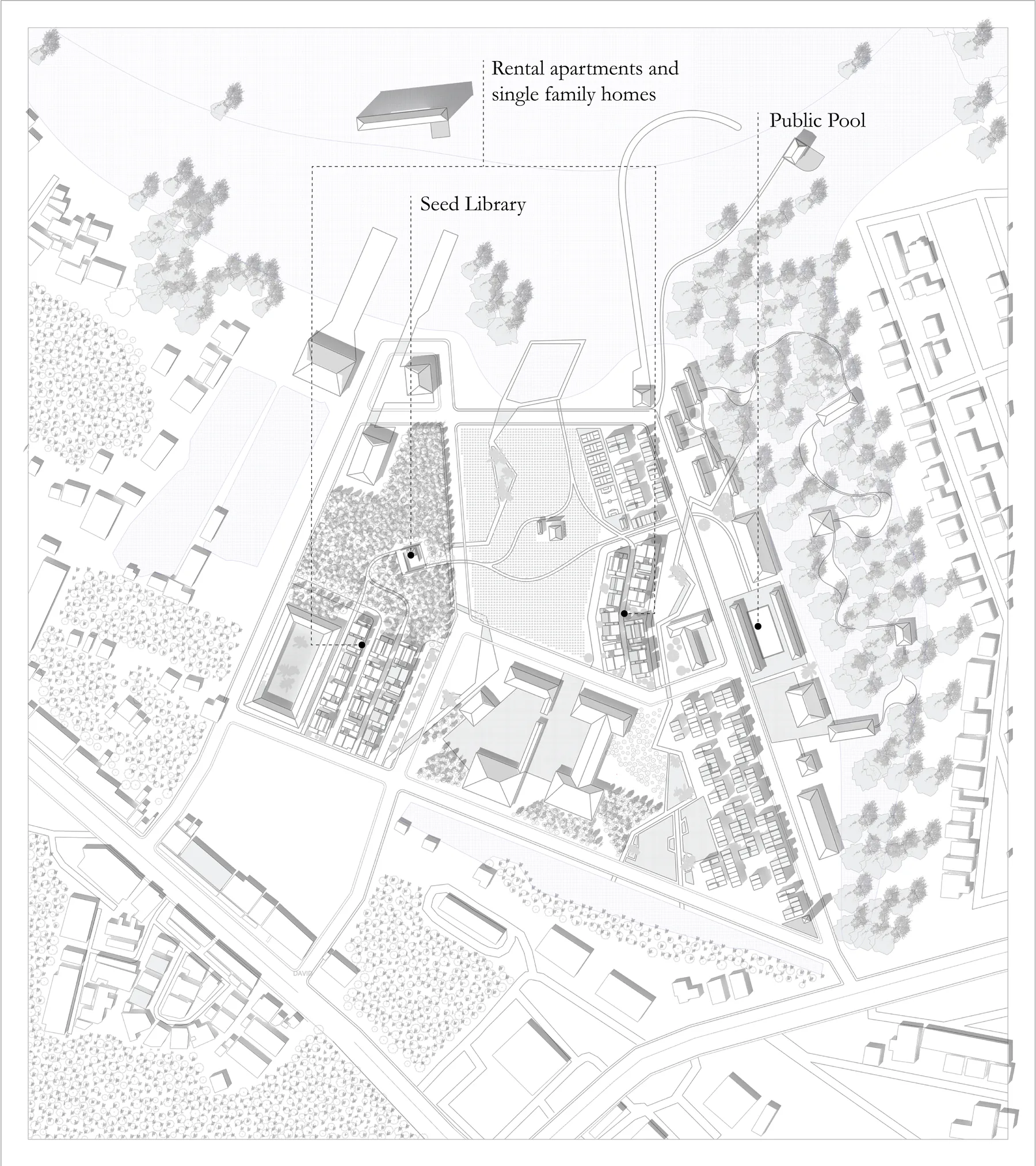 Site plan of the later phase: rental apartments, single family homes, a seed library and a public pool