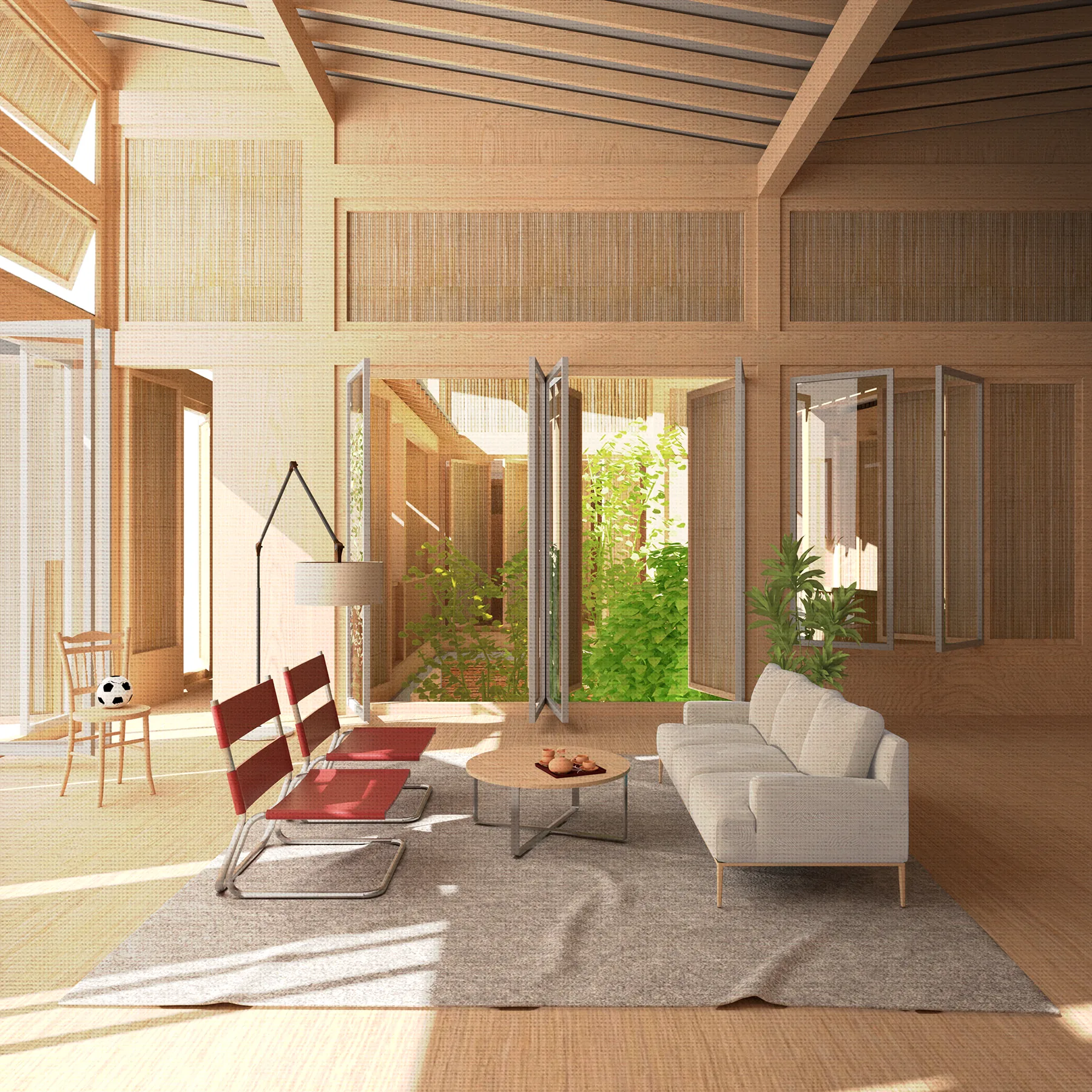 Interior rendering of a timber-framed living room