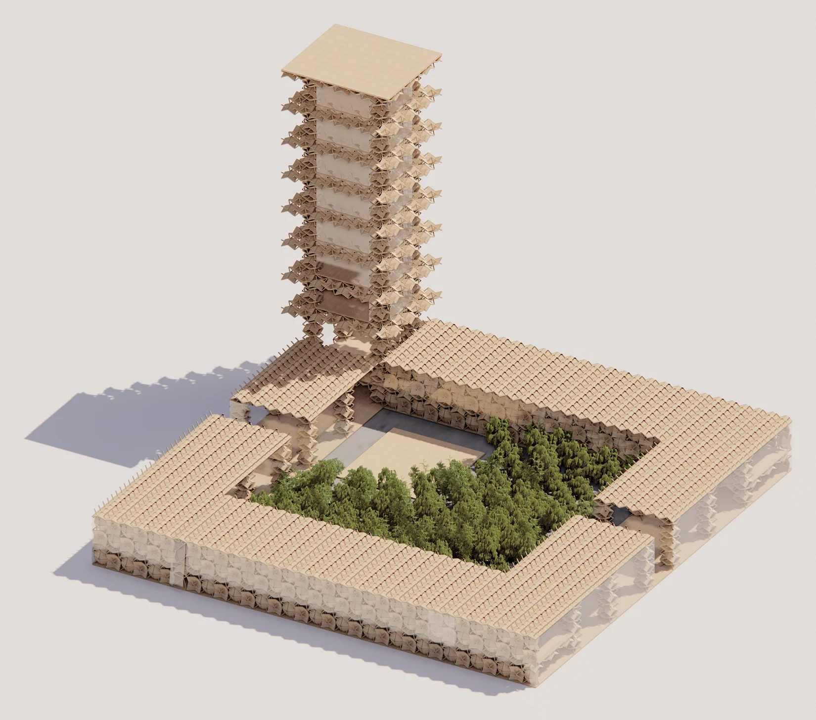 Rendering from above of a timber courtyard building planted with trees, with a tower rising at one corner, all built from the same unit