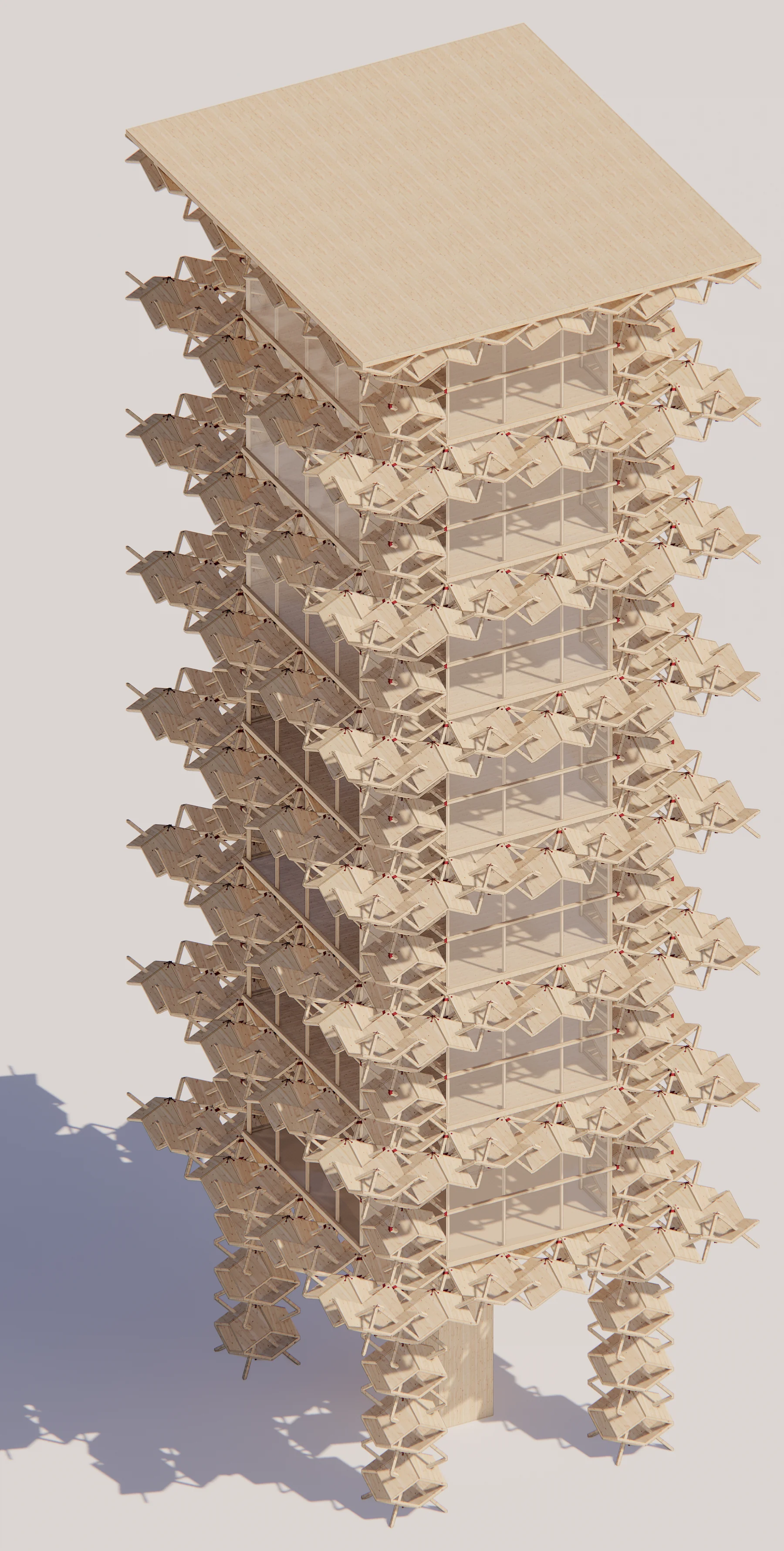 Rendering of the tower: floors of timber plates and sticks wrapped in glass, standing on legs of stacked units
