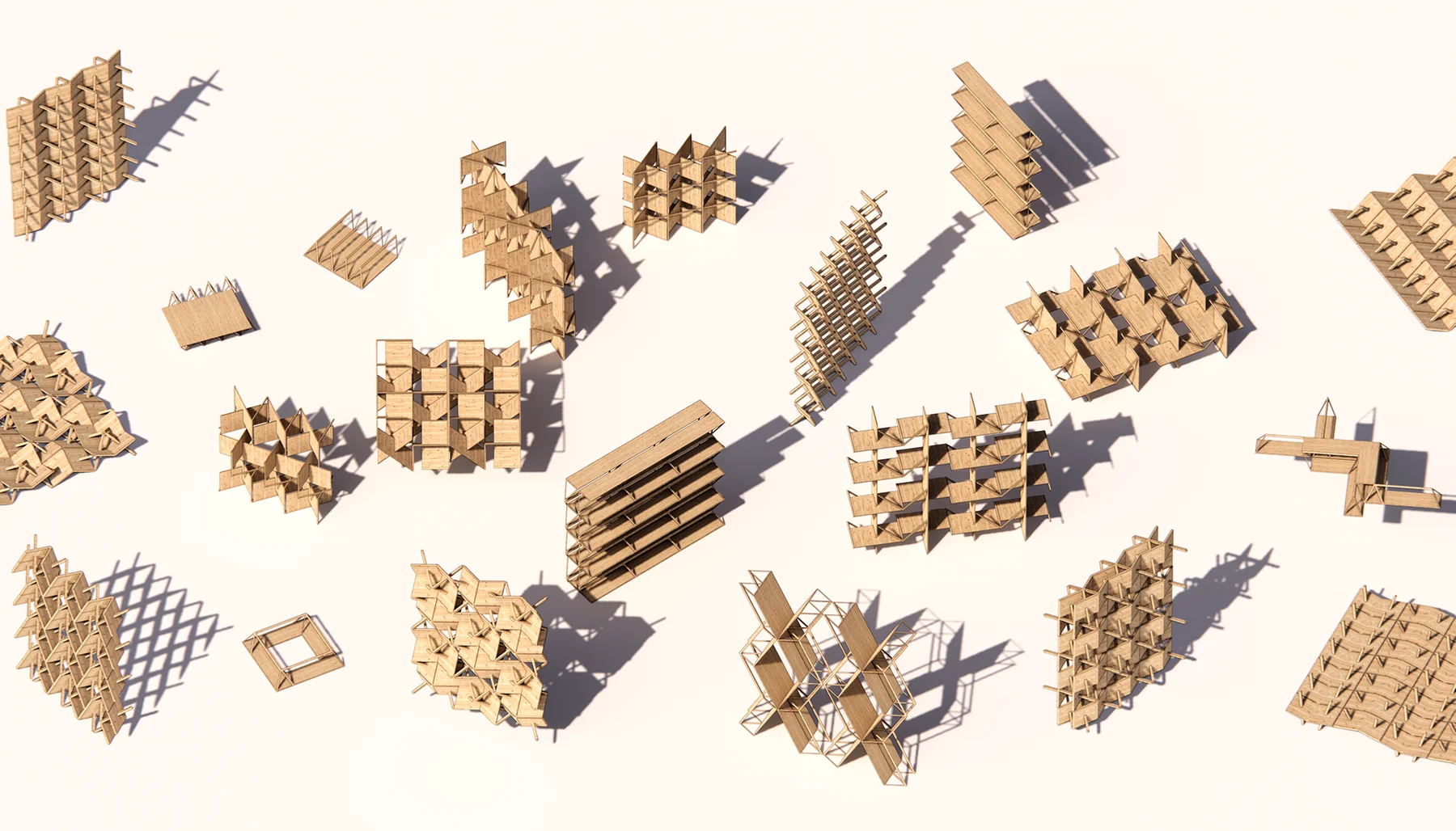 Catalogue of aggregations of the unit, from flat plates and screens to lattices, stacks and folded surfaces, rendered in timber with their shadows