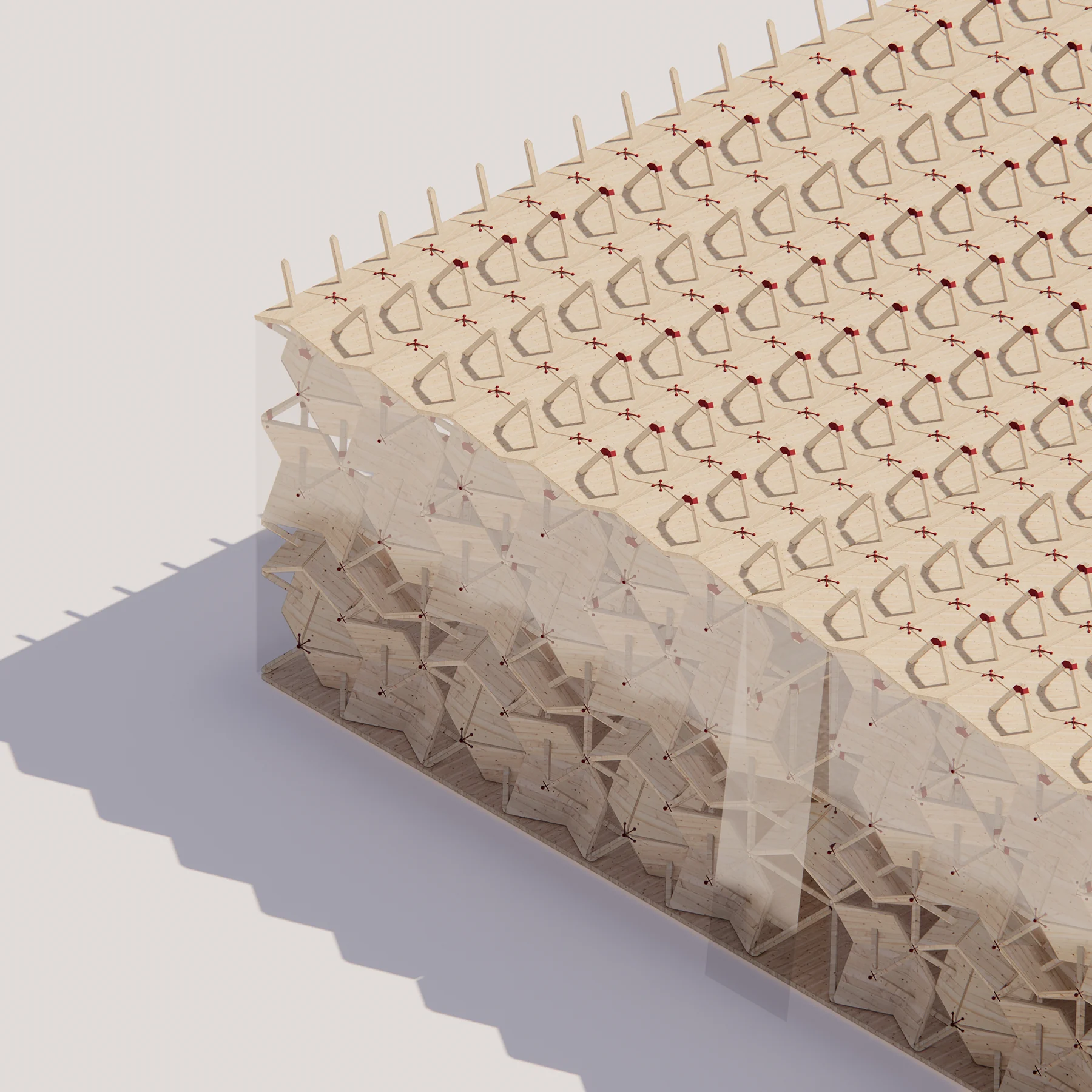Close-up of the corner of a floor, the units packed between two plates behind glass, with red joints showing on the top