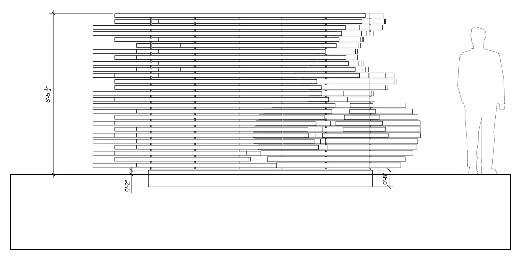 South elevation: the horizontal pipes on their concrete base beside a standing figure, about six and a half feet tall. Drawing by Aaron Whelton
