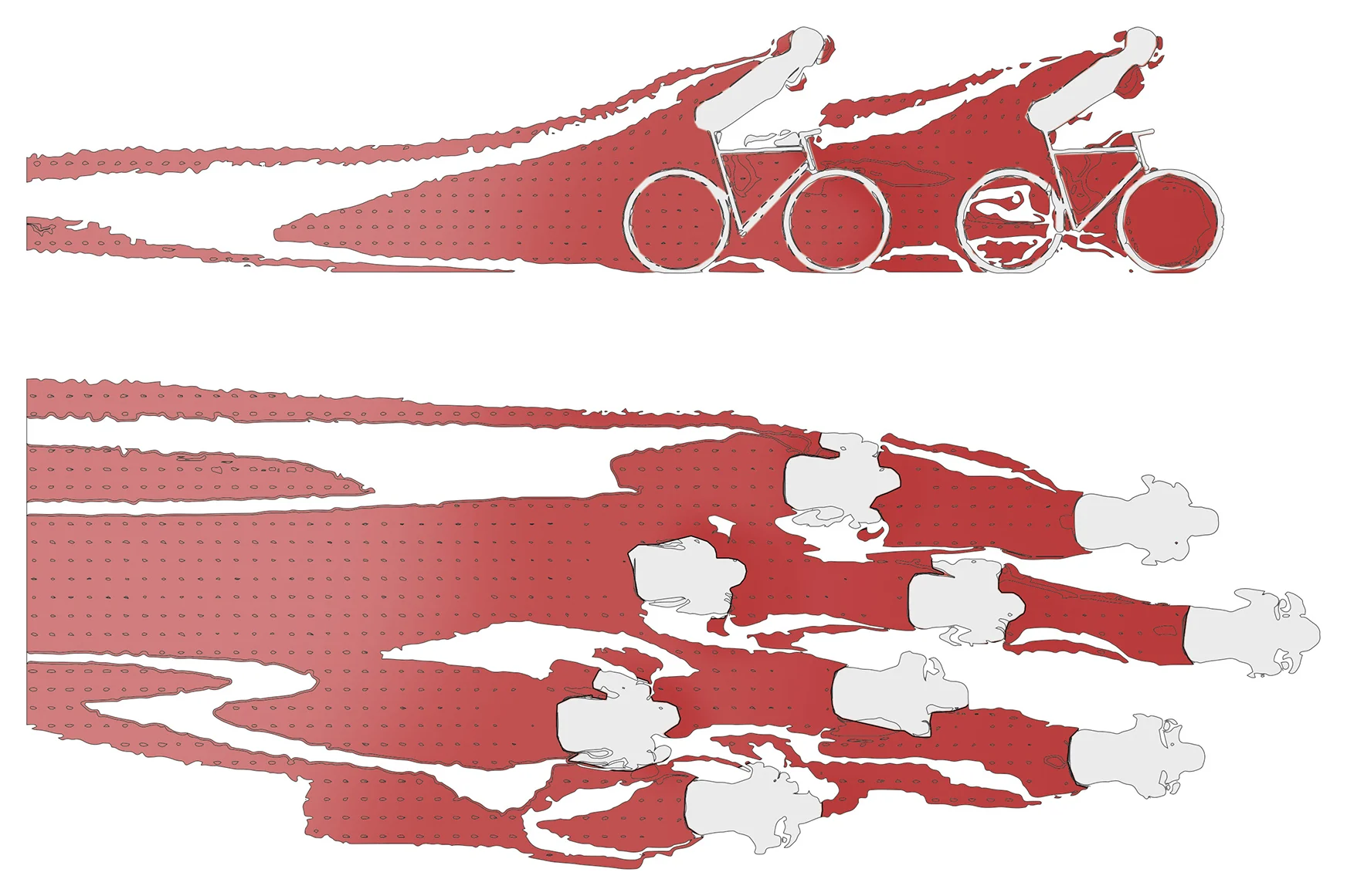 Diagrams of cyclists from the side and from above, with the air they push through trailing behind them in red