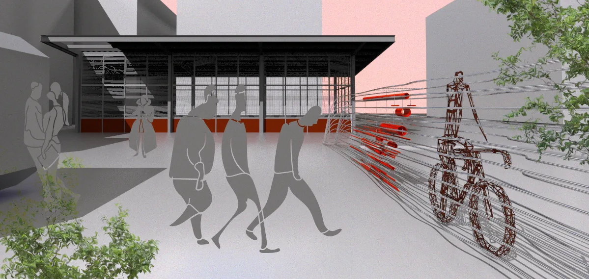 Early rendering: lines of air streaming past a wireframe rider, with red pipes hung among them and people walking by