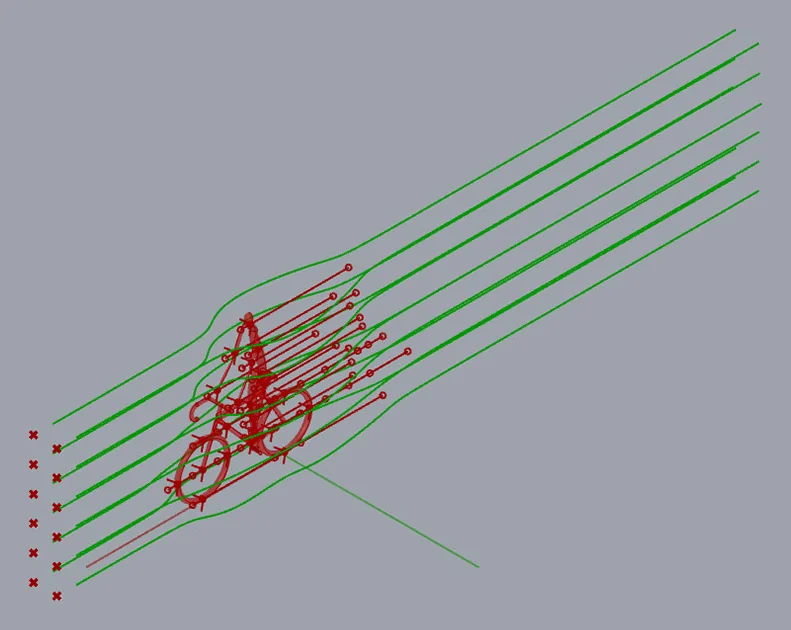 Parametric model: lines drawn from a grid of points bend around the rider and bicycle
