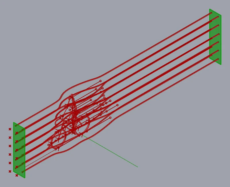 Parametric model: the bent lines made into pipes and held between two end plates