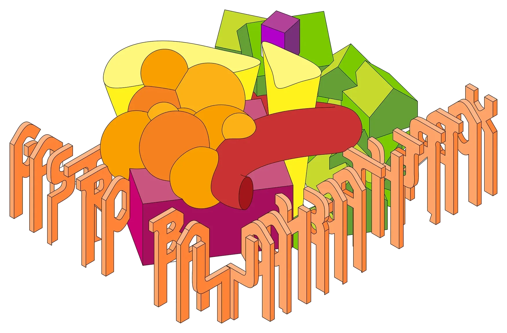 Axonometric of the Bubble Box: a facade of letterforms under colored bubbles and a red tube