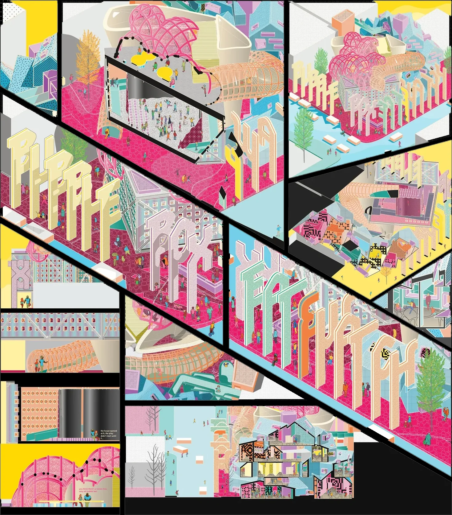 Collage of drawings of the interior and the facades