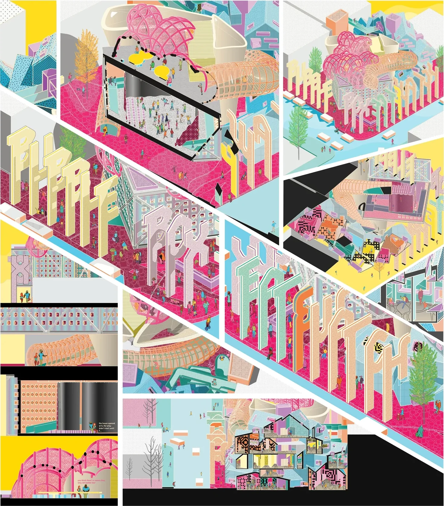 Collage of drawings of the interior and the facades