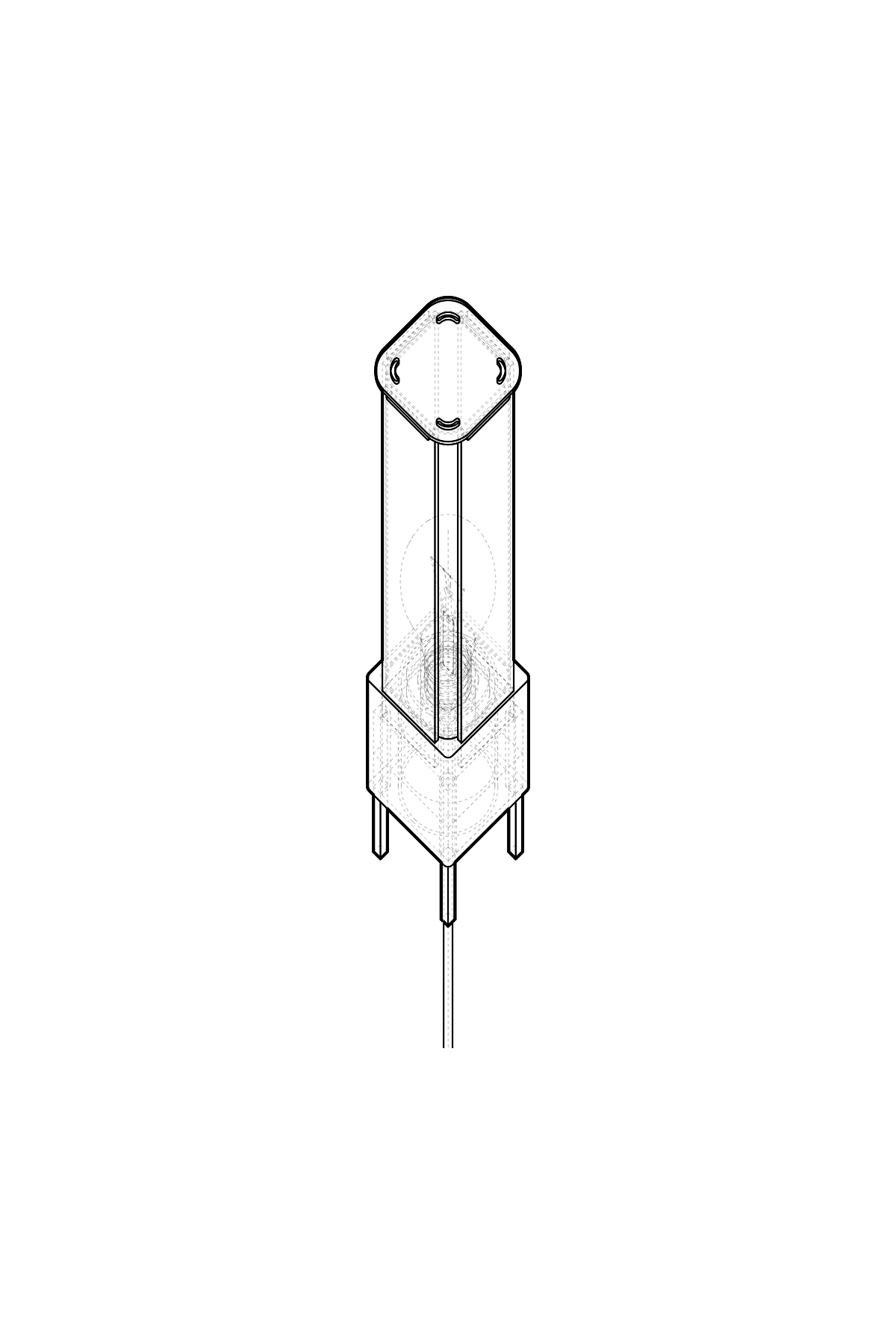 Drawing of the lamp: a tall square column on a four-legged base