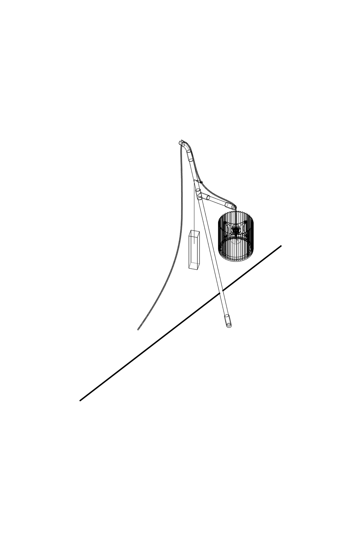 Drawing of Lean: a curved pole leaning on the wall, a round shade hung from its arm