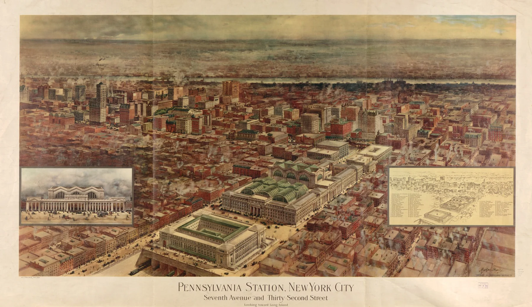 Bird's-eye poster of Pennsylvania Station, New York City, with the Farley Post Office in front of it and the city stretching back to the river