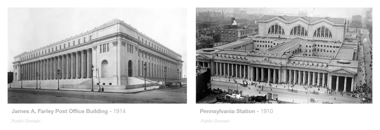 Photographs of the James A. Farley Post Office Building in 1914 and Pennsylvania Station in 1910