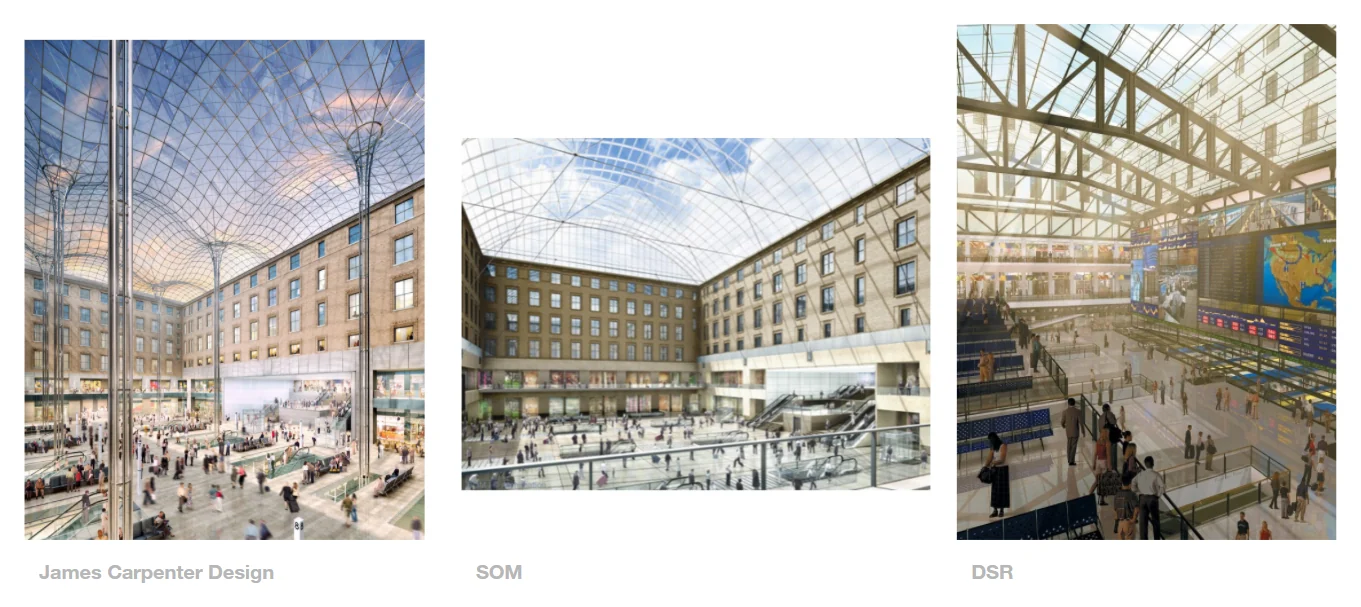 Renderings of three losing proposals for the hall, by James Carpenter Design, SOM and DSR