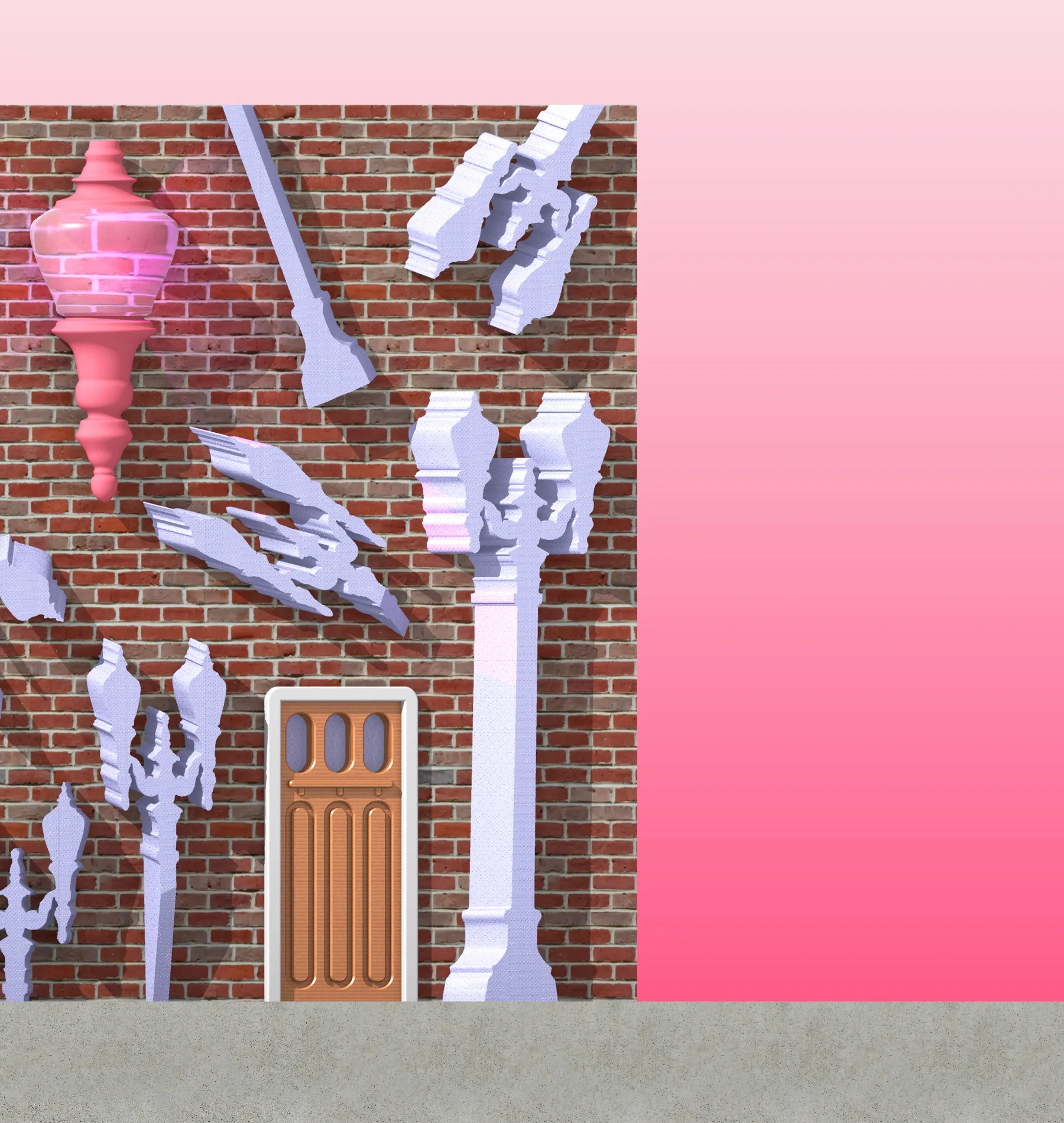 A brick wall against a pink gradient, with the pale, extruded profiles of cast-iron street lamps jutting from it at angles, a pink lamp globe, and a small orange craftsman door
