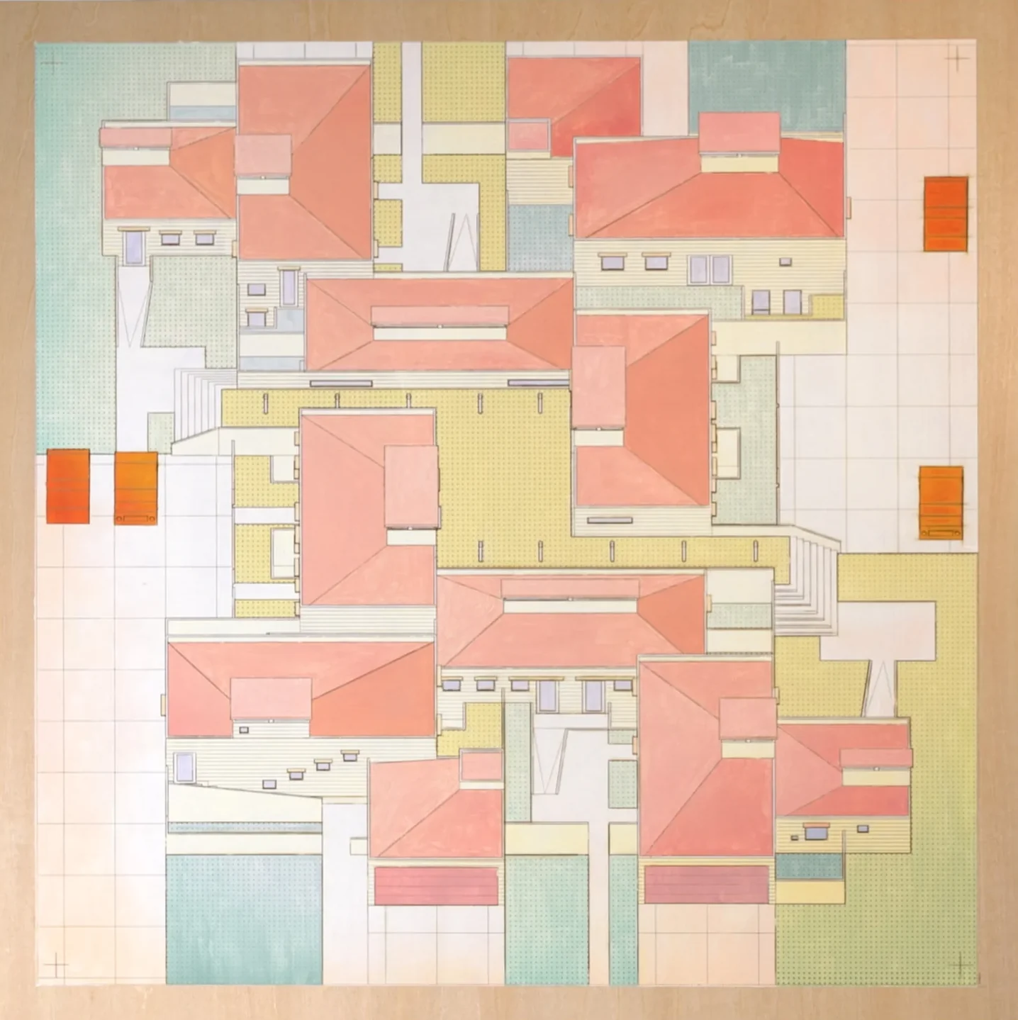 The same painting with heat applied: the greens and reds have faded to pale pinks and yellows