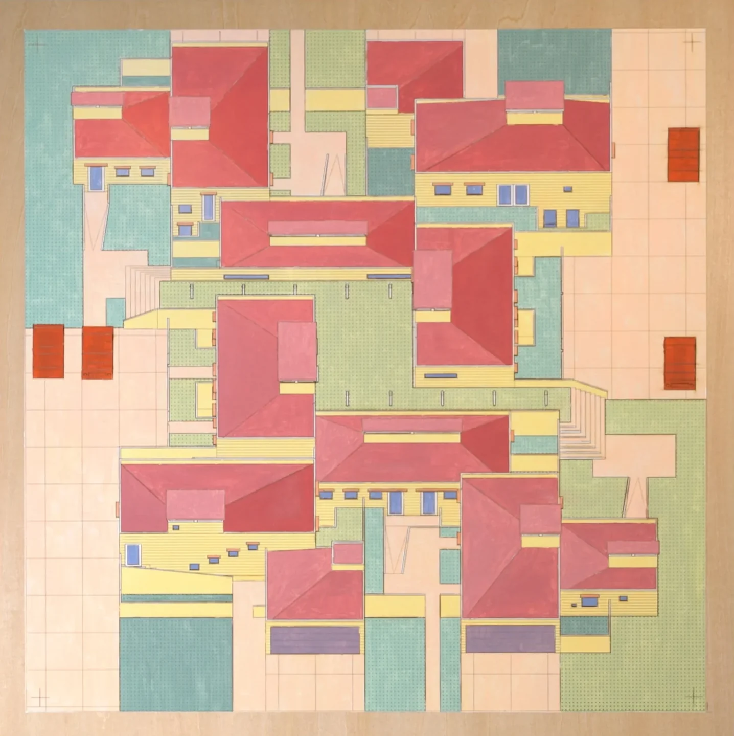 Painting of the hamlet from above: red roofs, courtyards and gardens across four suburban plots, in thermochromic paint on wood