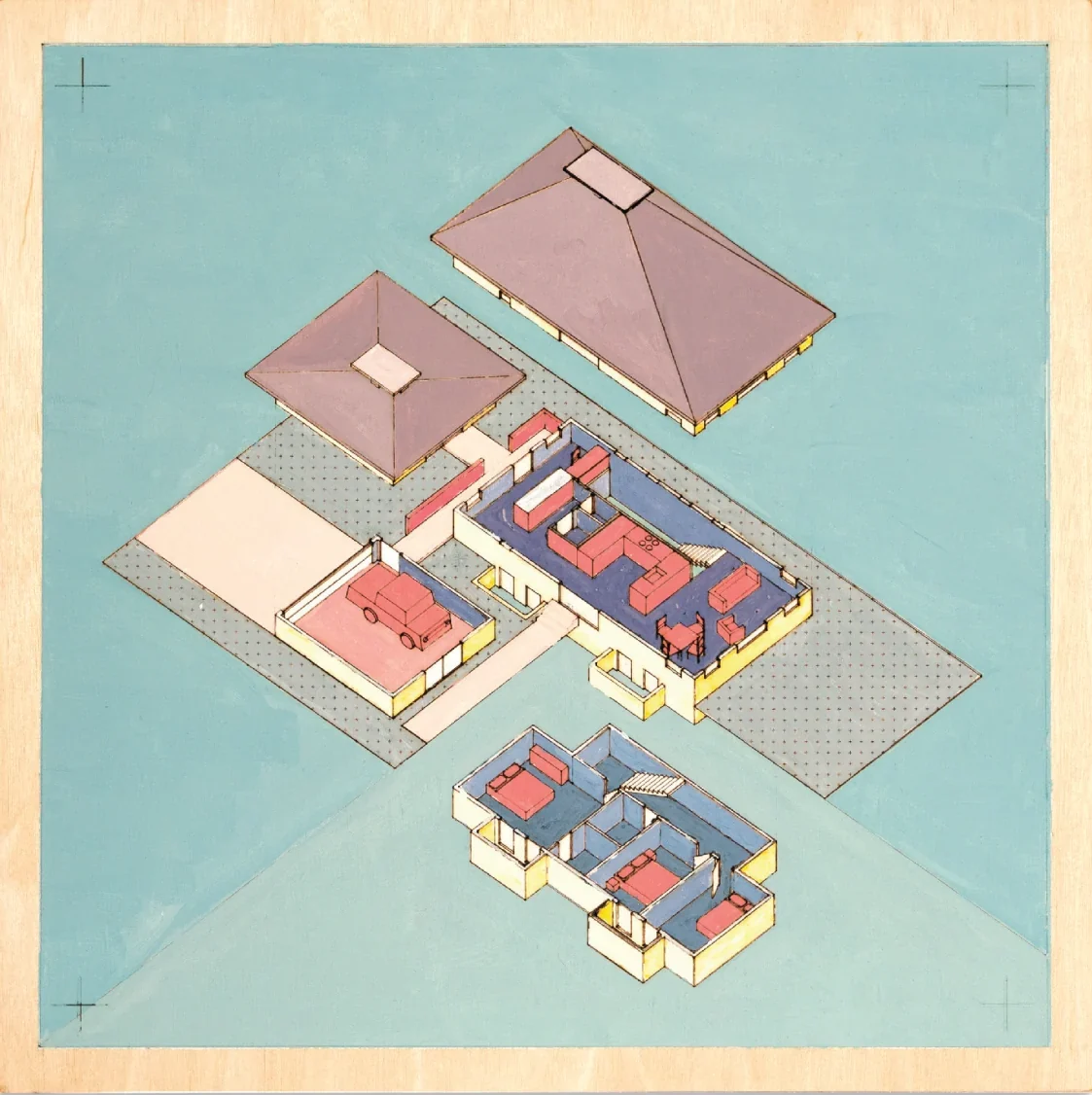 Ground House: a hipped-roof house lifted off its plan, with the bedrooms in the basement below, painted on a blue ground