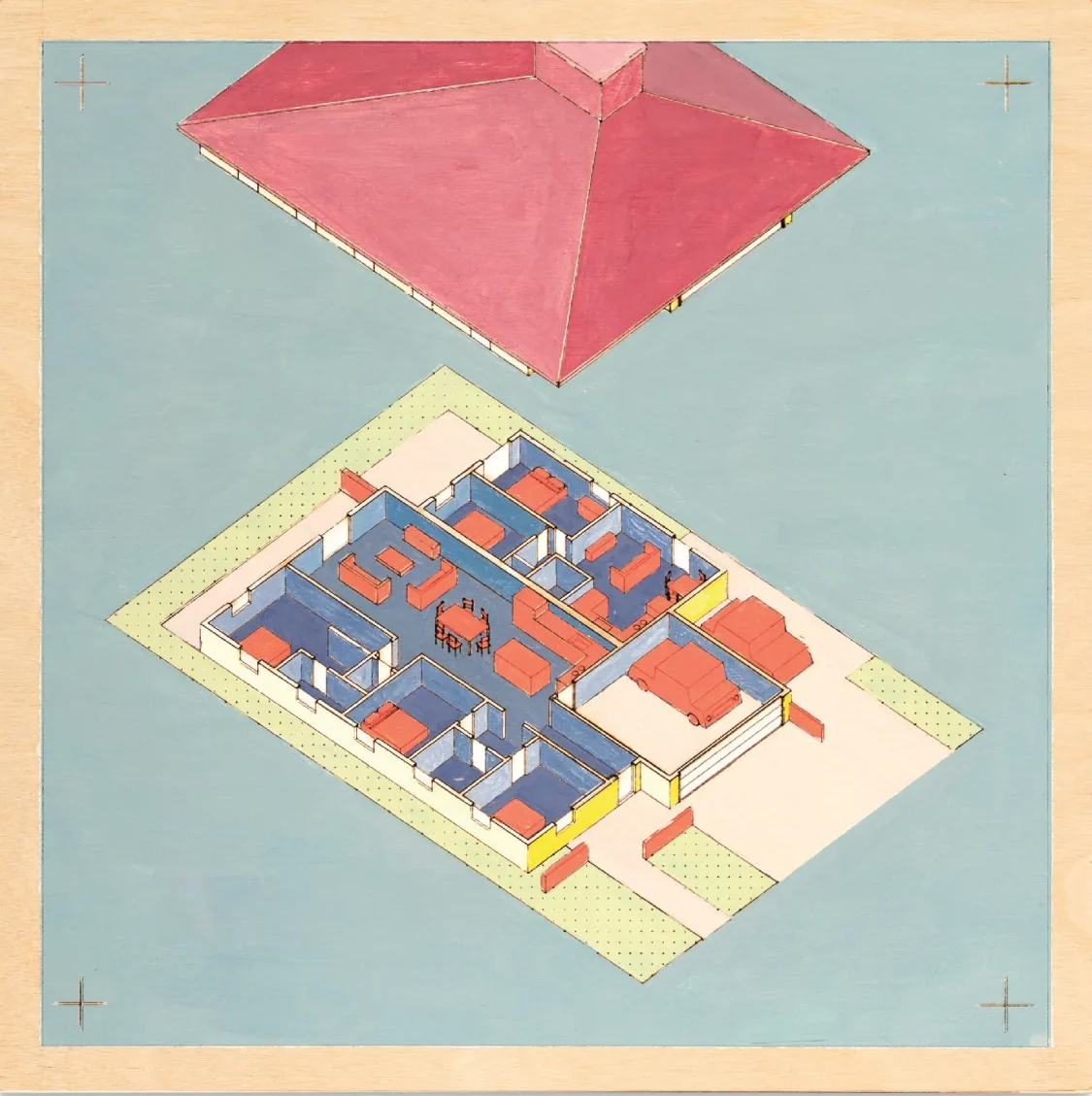 Shared House: a large house and a smaller apartment under one roof, painted on a blue ground