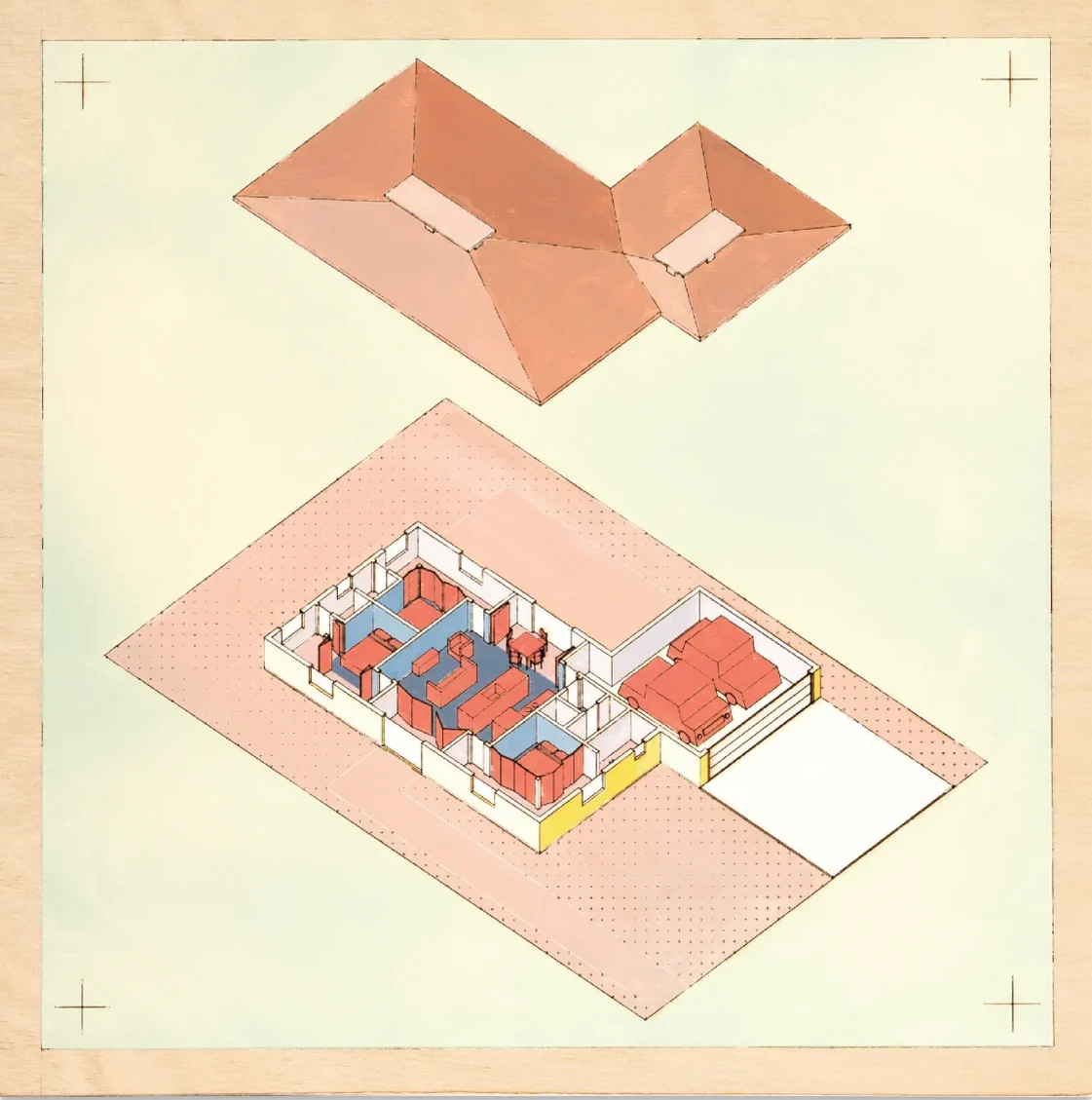 Nest House with heat applied, the dark roof faded to pink and the green to cream