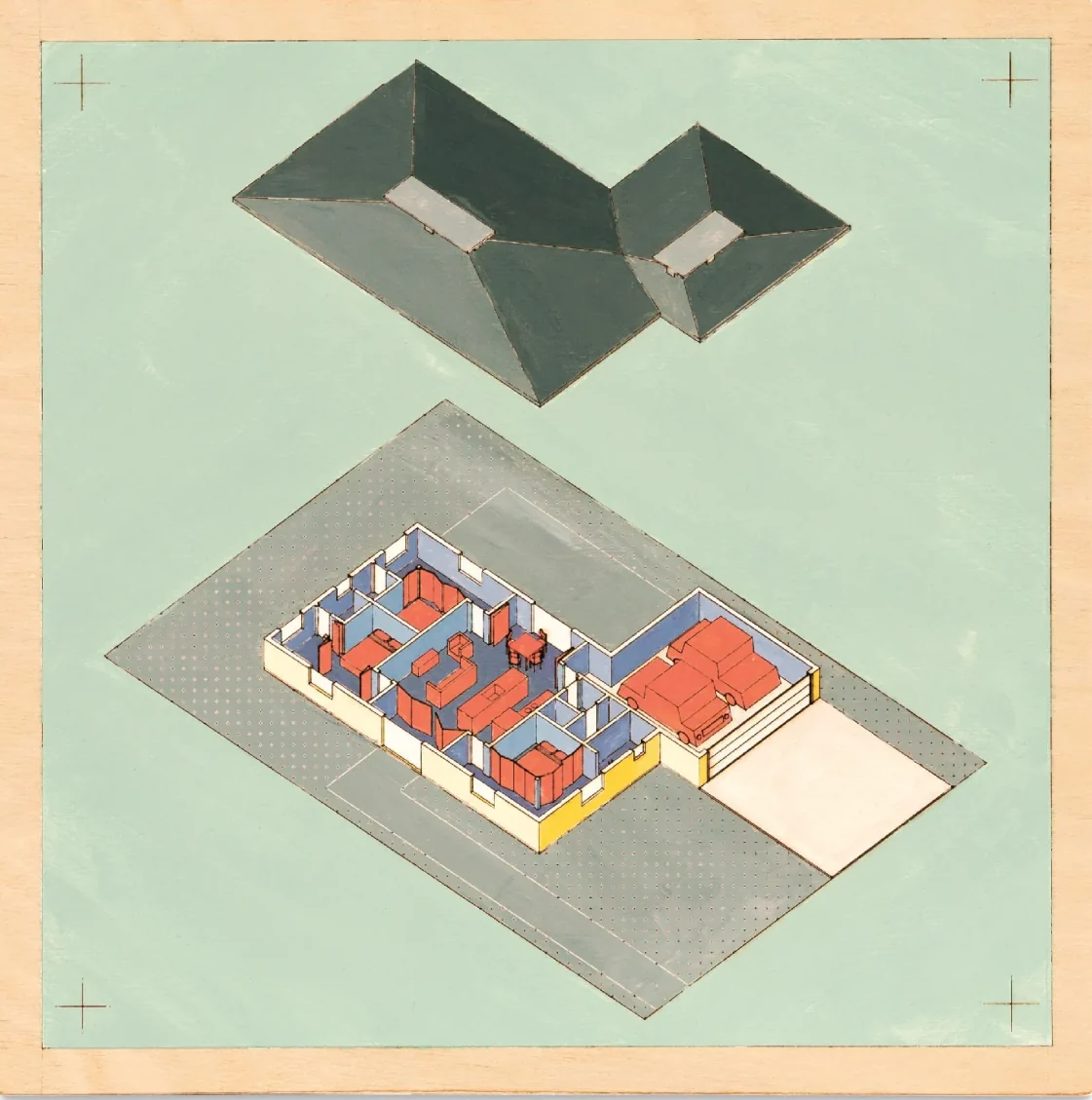 Nest House: a dark roof lifted off a plan of rooms wrapped around a central nest, painted on a green ground