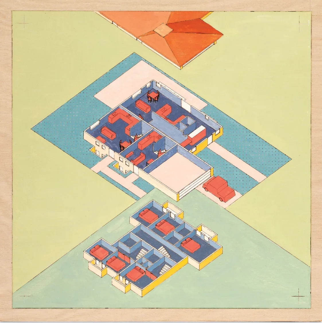 Huddle House: three homes stacked in exploded view, with bedrooms below ground, painted on yellow and green
