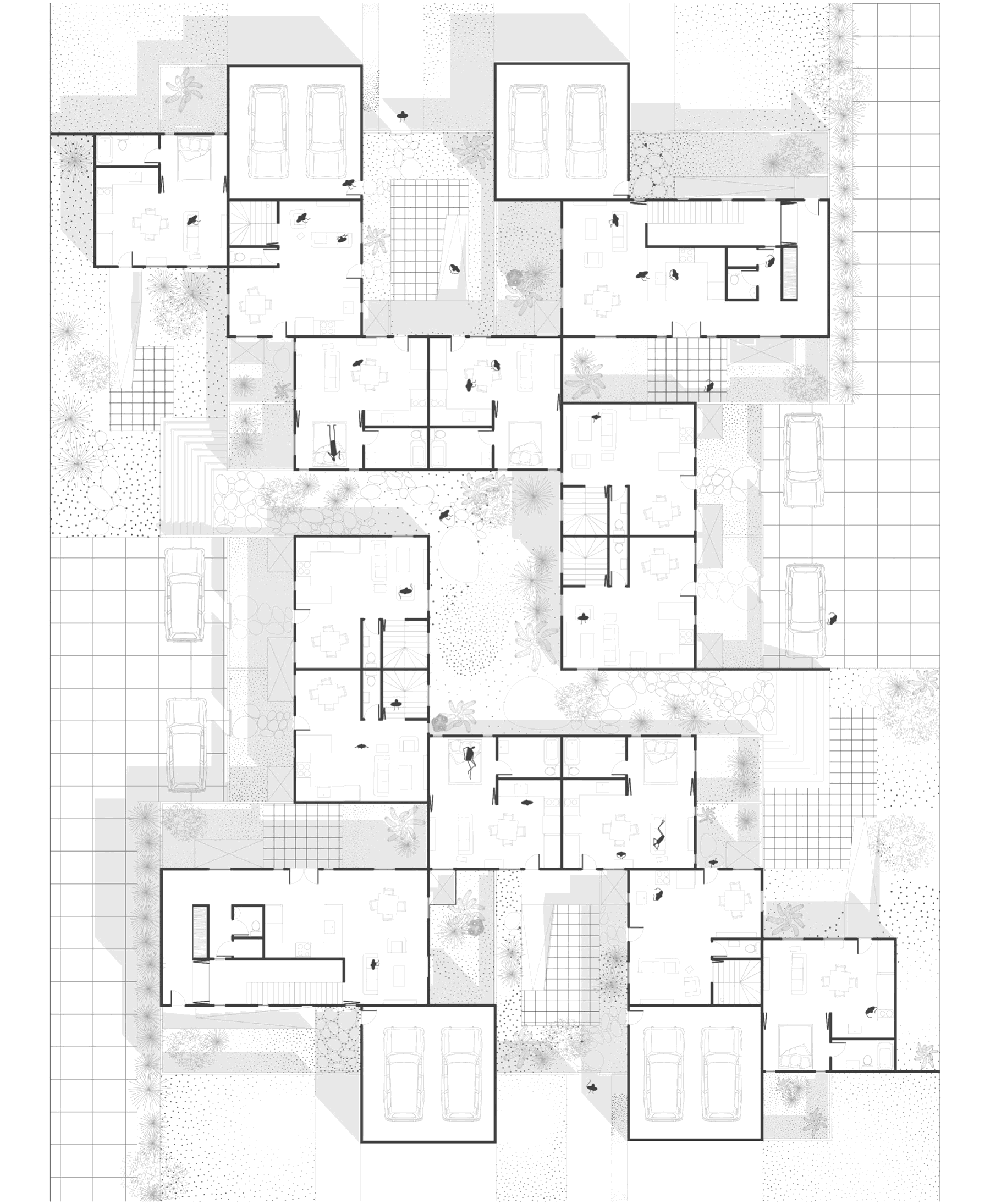 Ground plan of the hamlet: houses, courtyards, gardens and two driveways across four plots