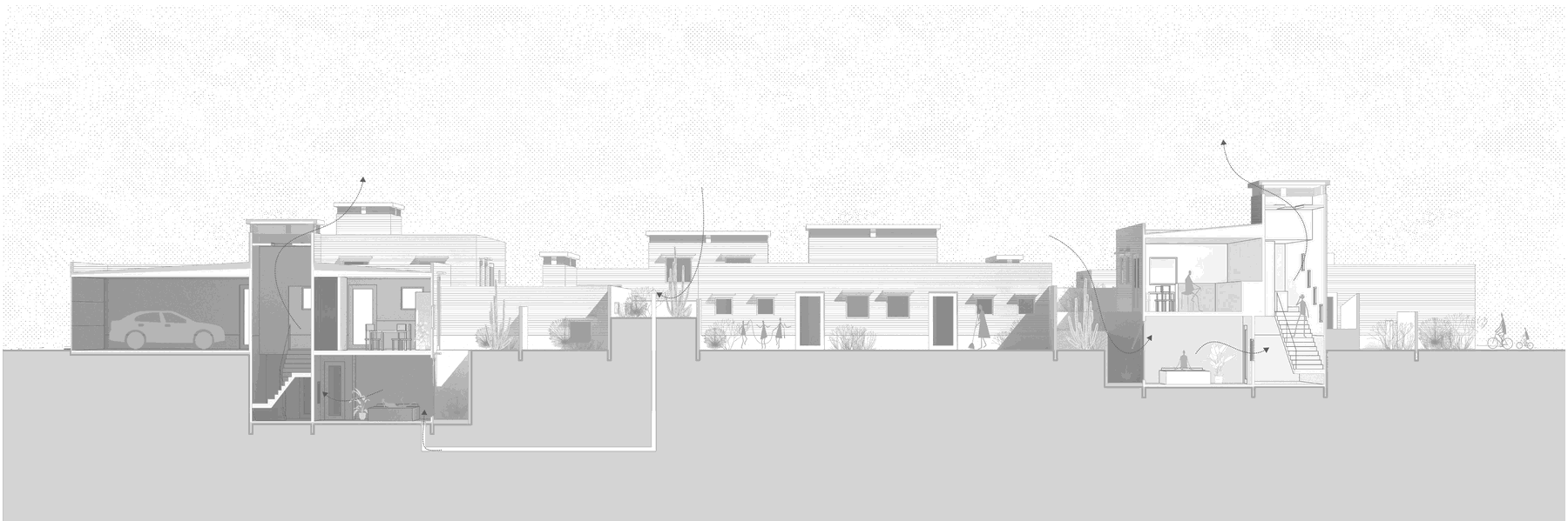 Section through the hamlet: a garage and a house with a basement bedroom at left, low houses and gardens in the middle, a house with sunken rooms at right