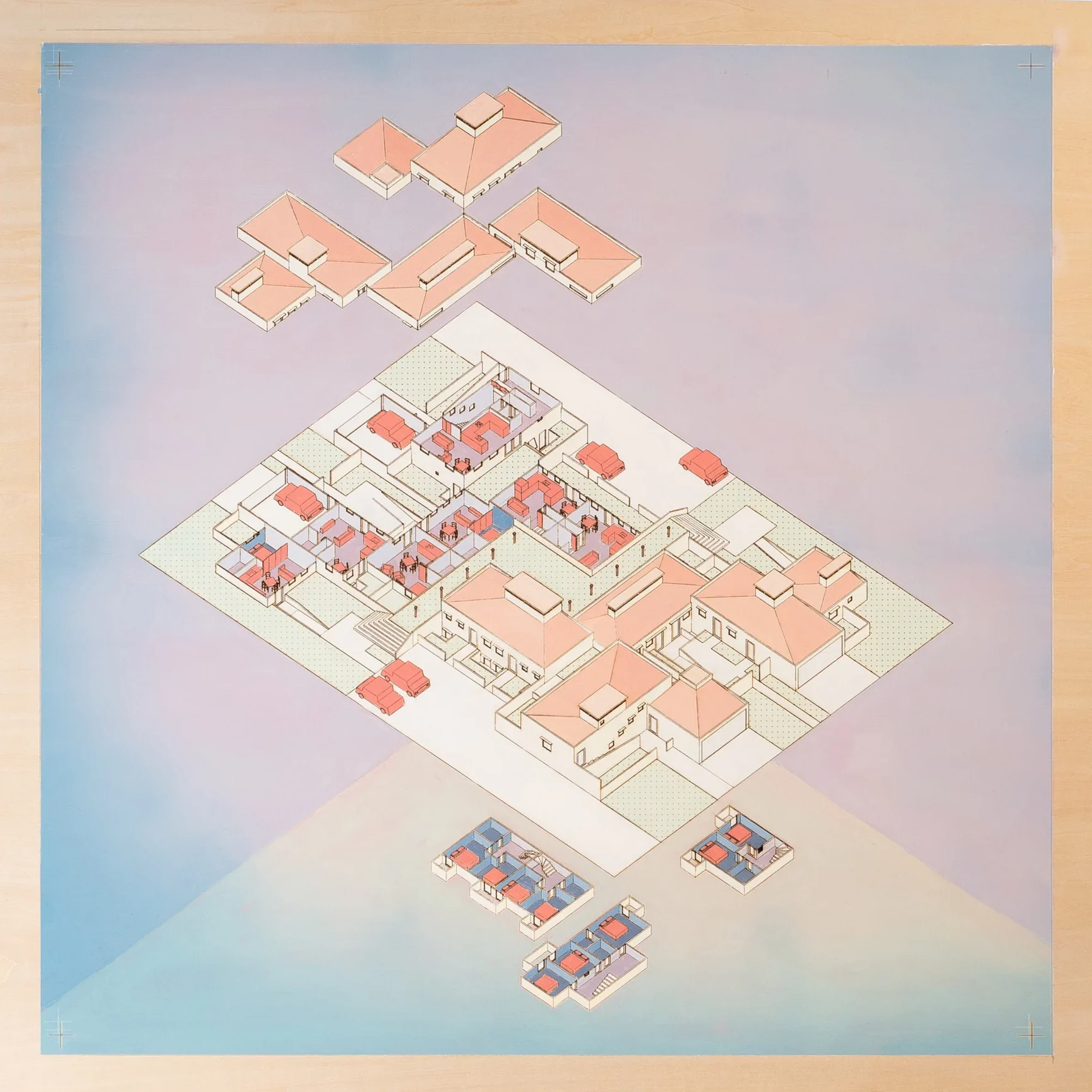 The same exploded view with heat applied, faded to pinks and lilacs