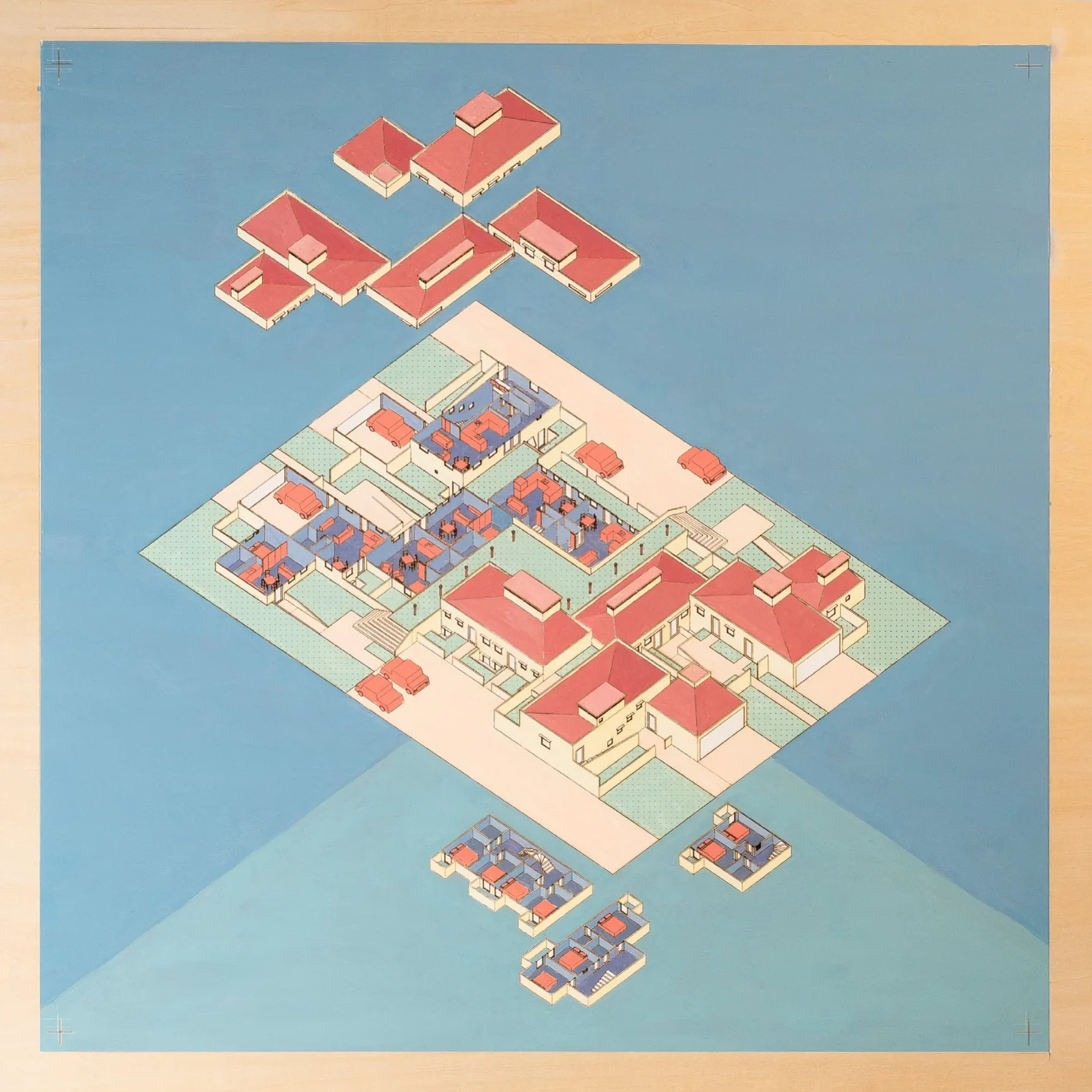 Exploded view of the hamlet, roofs lifted above the plans and basements below, painted on blue