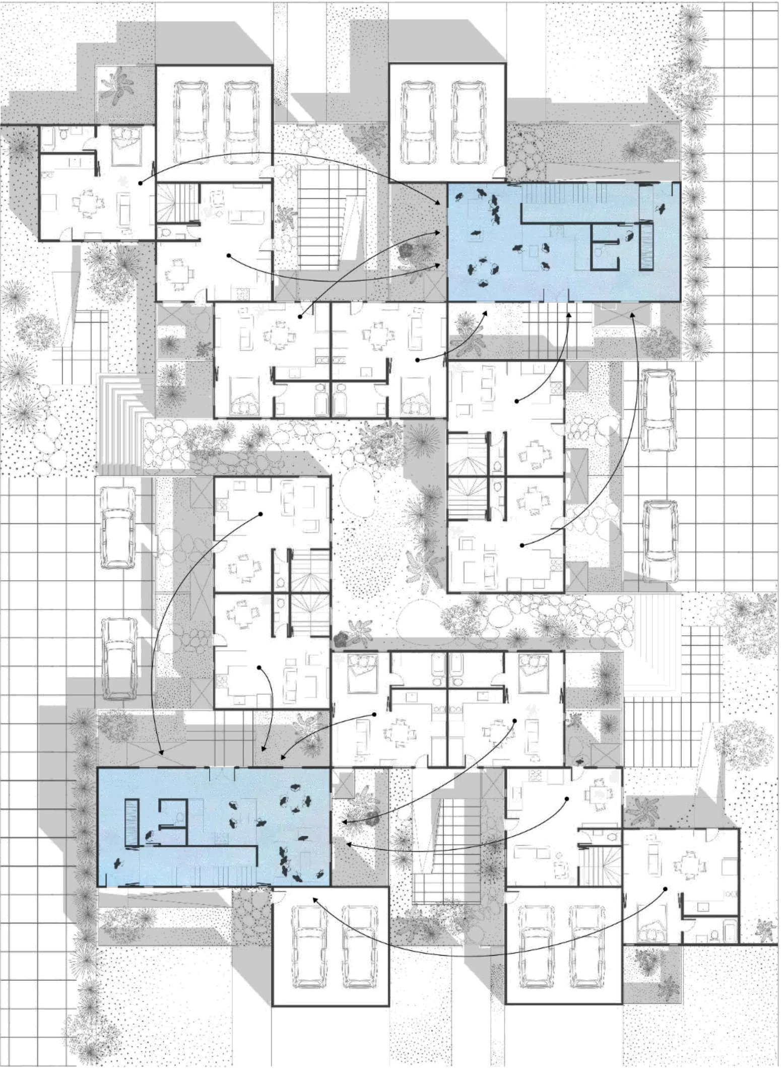 Plan of the heat wave party: neighbors gathered in two houses, the other homes left uncooled