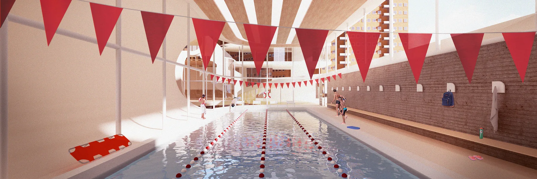 Rendering of the pool under strings of red pennants