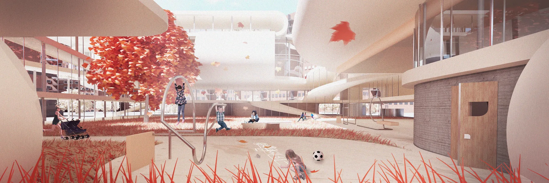 Rendering of the yard among red autumn trees