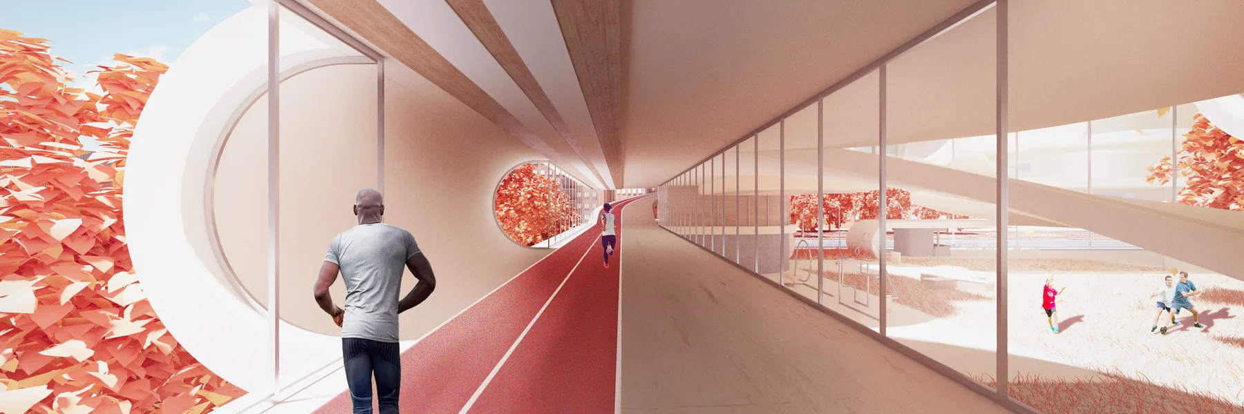 Rendering of a running track along a glass wall